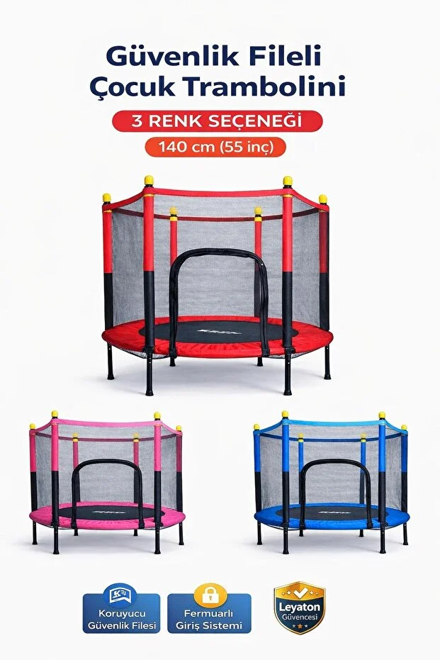 Güvenlik Korumalı Fileli 140 Cm Özel Fermuar Güven Konforlu Çocuk Trampolini 55 İnç Trambolin